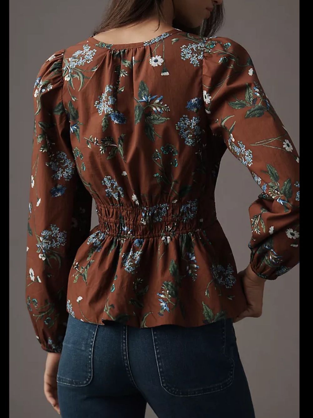 Anthropologie Brown Floral Somerset Peplum Blouse with Blue & Green Print XL - Picture 3 of 8